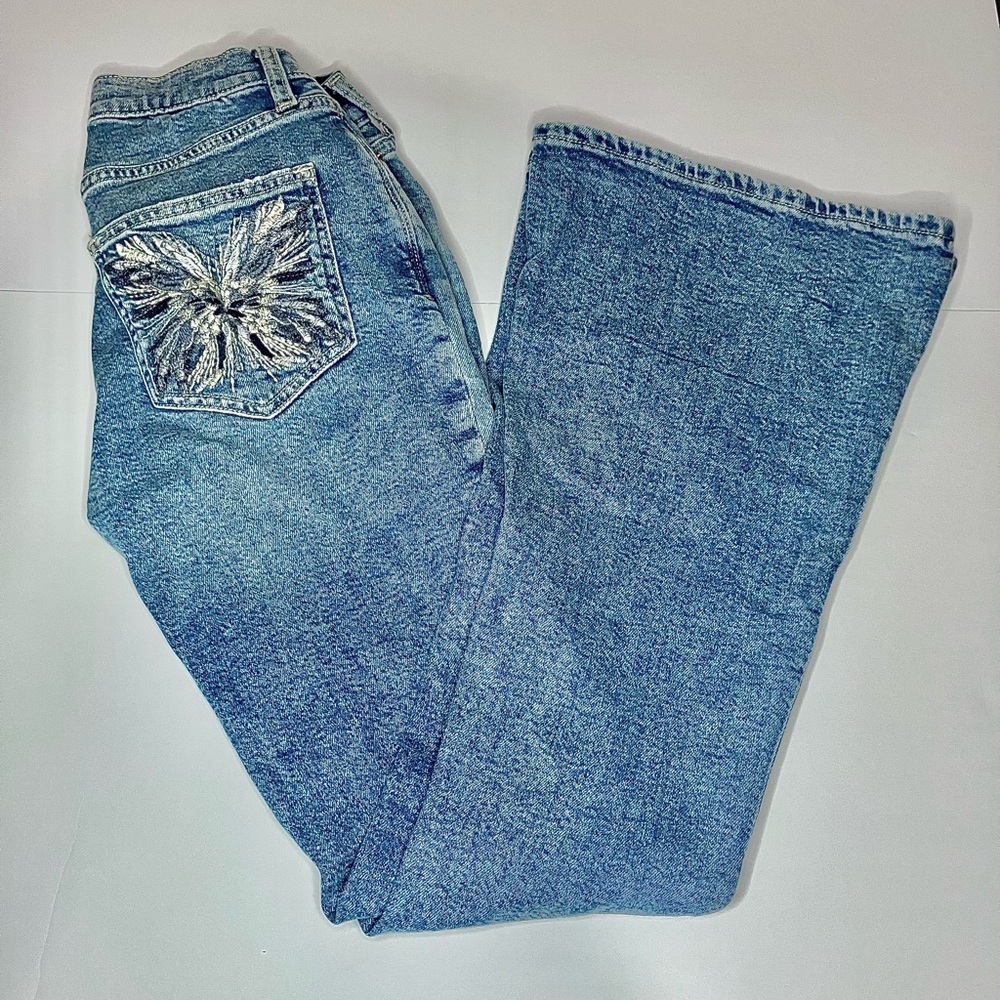 Y2K Extreme Low Rise Light Wash Denim Flare Jeans (Ripped) With Wing Detailing